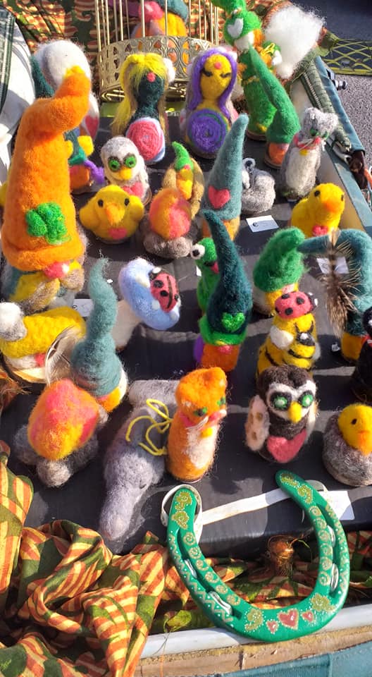 Close-up of handfelted wool fairies and leprechuans, and a few other things